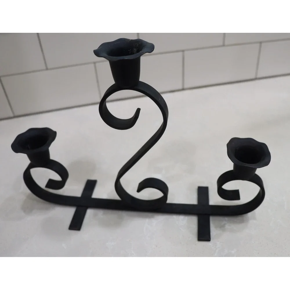 Wrought Iron Candelabra with 3 Red Hobnail Glass Votive Taper Holders Black